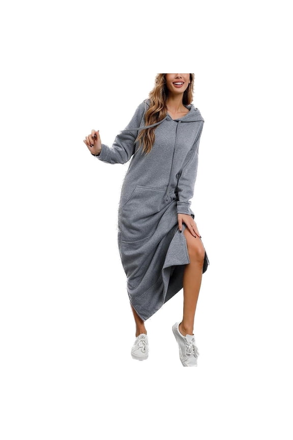 Womens Long Fleece Maxi Pullover Sweatshirt Dresses Baggy Hooded Sweat Shirt Robe Dress with Pockets