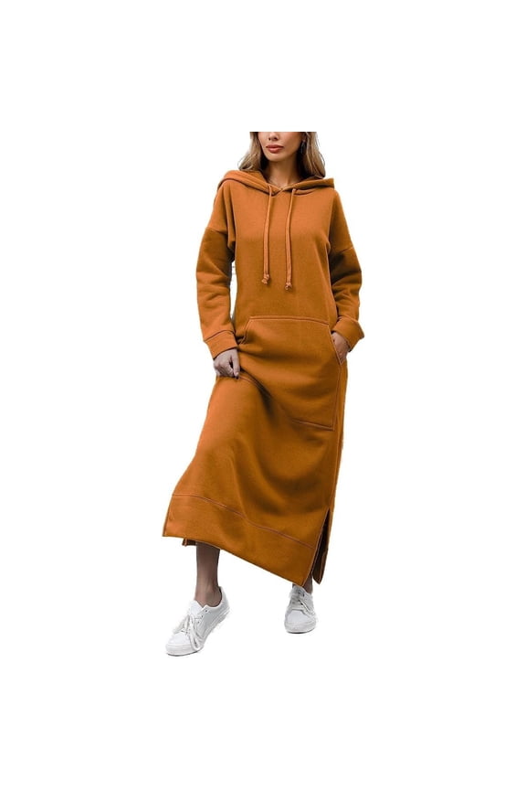 Womens Long Fleece Maxi Pullover Sweatshirt Dresses Baggy Hooded Sweat Shirt Robe Dress with Pockets