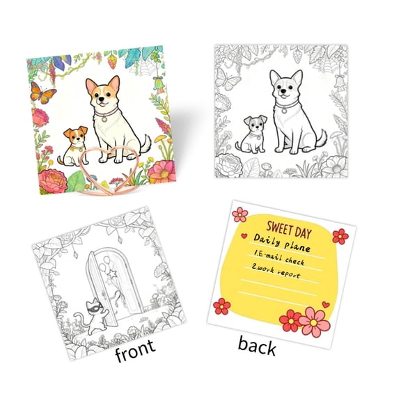 Yooma Cute Coloring Sticky Notes (3.74x3.74In), 50-Pack with 55pcs Stickers+3pcs Mental Note Card Clip Double-Sided Coloring