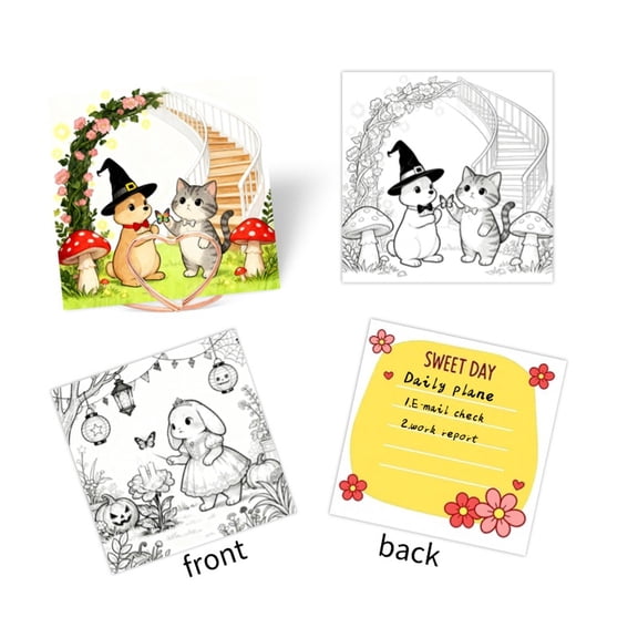 Yooma Whimsical Garden Animal Coloring Sticky Notes (3.74x3.74In), 50-Pack with 55pcs Stickers+3pcs Mental Note Card Clip Double-Sided Coloring