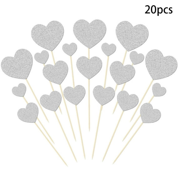 Yooshoverk 20-Pack Valentine’S Day Glitter Paper Heart Cake Toppers - Romantic Party Dessert Decor Flags Silver Free Size