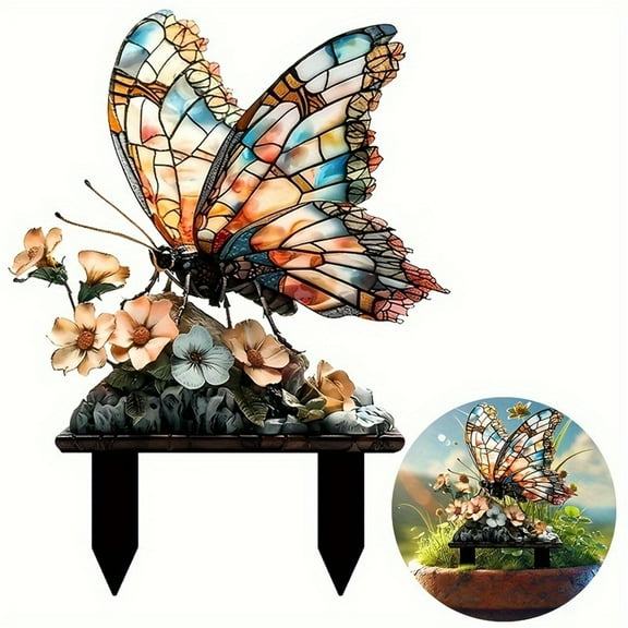 Yooshoverk Acrylic Butterfly Garden Stake Stone Flower Design Waterproof Durable Decor Wear-Resistant Outdoor Indoor Planter Yard Art