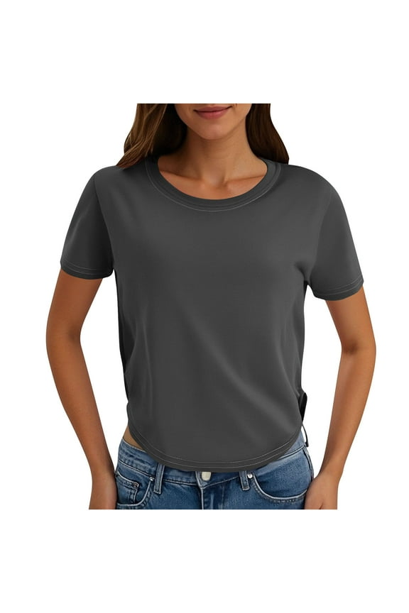 Asymmetrical Hem Tops for Women Summer Casual Short Sleeve T Shirts Classic Crew Neck Solid Color Basic Blouses (L, Black)