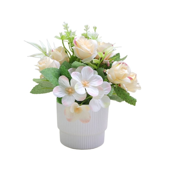 Yooshoverk Artificial Small Potted Fake Plastic Greenery White Pot Modern Desk Decor Office Home Shelf Accent No Maintenance