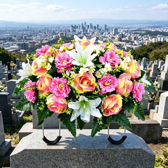 Yooshoverk Artificial Satin Grave Saddle Flowers, Memorial Day Tombstone Cemetery Decoration Multicolor-F 60Cm