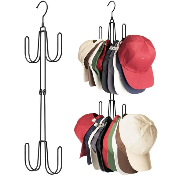 Yooshoverk 2-Tier Hat Organizer Rack - Heavy Duty Stainless Steel Closet Storage for 40-60 Caps, Space Saving Foldable Design with 10lb/Hook Weight Capacity for Living Room & Bedroom