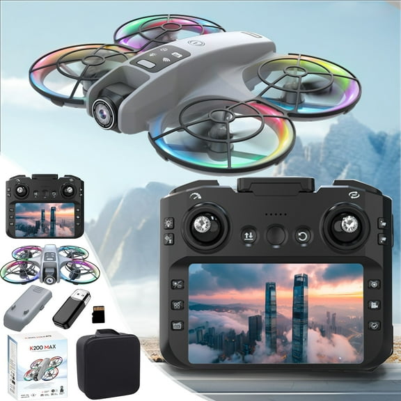 Yooshoverk Drone With 4.5Inch Screen Remote Control Brushless Motor And Cool Led Lights Drones 2.4G Rc Quadcopter Altitude Hold Obstacle Avoidance For Kids Adults Gray 7.3X6.1X1.96In