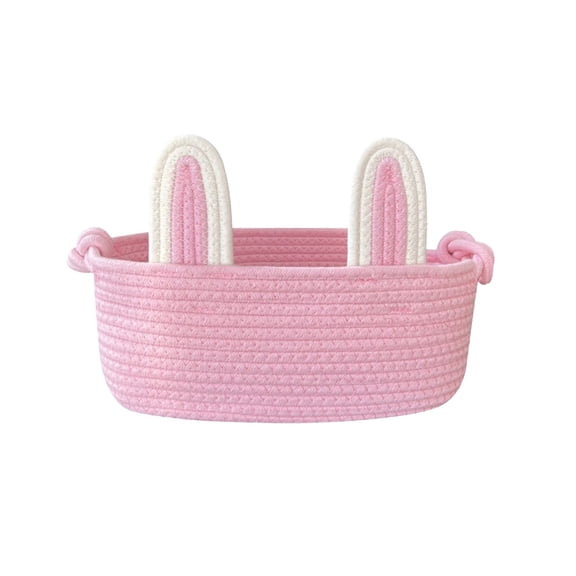 Yooshoverk Easter Bunny Ear Woven Storage Basket Cute Desktop Organizer For Makeup, Keys & Snacks Pink 12.2X8.28X8.66In
