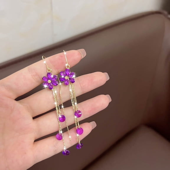 Yooshoverk Elegant Tassel Drop Earrings - 925 Sterling Silver Purple Flower Dangle Earrings for Women, Boho Chic Jewelry Gift