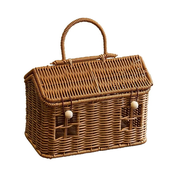 ​​Yooshoverk Handcrafted Woven Rattan Picnic Basket with House-Shaped Utensils Contain Storage | Portable Handle | Eco-Friendly & Durable | Solves Messy Storage for Outdoor, Home Decor & Gifts​​