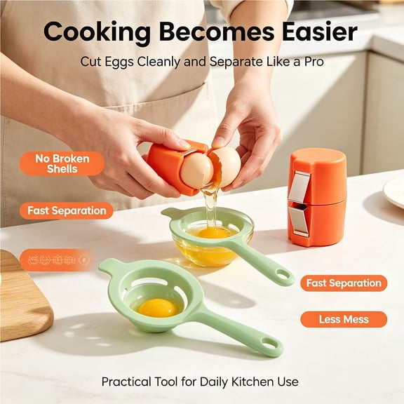 Yooshoverk Handheld Automatic Egg Opener With EggYolk Separator Set, Multicolor Egg Breaking Tool, For Home Baking Cooking And Cake Making Orange 2.83*2.56*1.89In