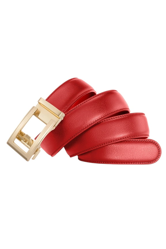 Mens Leather Belt Automatic Buckle Genuine Leather Gold Buckle 43.3 Inches Long Easy Click Closure Adjustable Fit for Business Suits No Holes