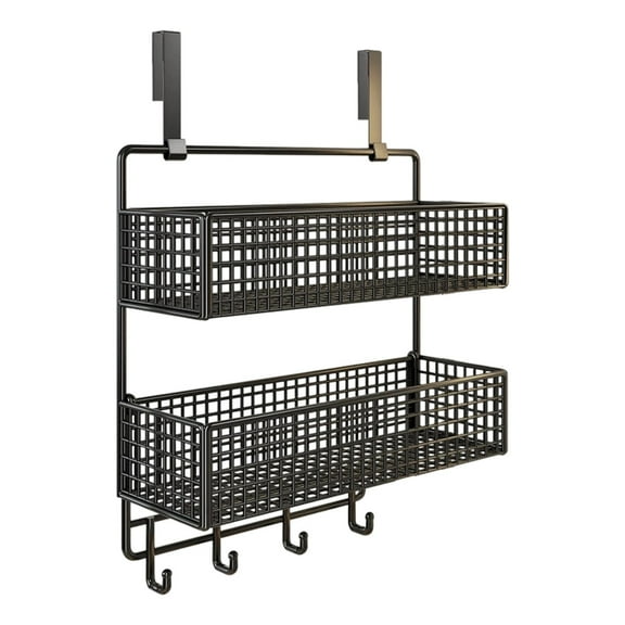 Yooshoverk Over-The-Door 2-Tier Metal Storage Organizer – Space-Saving Rack With Hooks For Bathroom, Kitchen & Pantry Black 17.32*10.62In