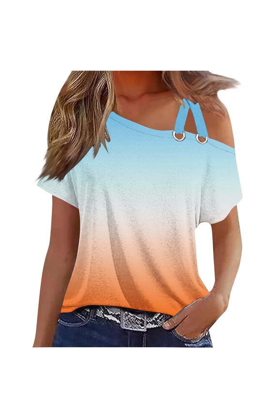 Off the Shoulder Tops for Women Summer Trendy Cross One Shoulder Floral Short Sleeve Shirts Casual Tunic Blouses (M, Orange)