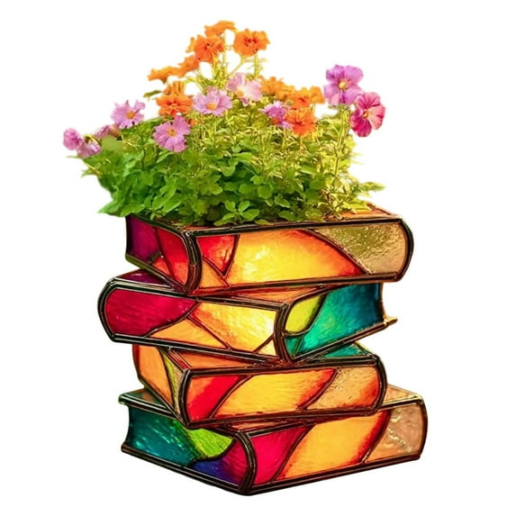 Yooshoverk Stacked Books Planter Resin Pot Mini Desktop Design Decorative Accent Holds Small Plants Prevents Tipping for Decor Bookshelf