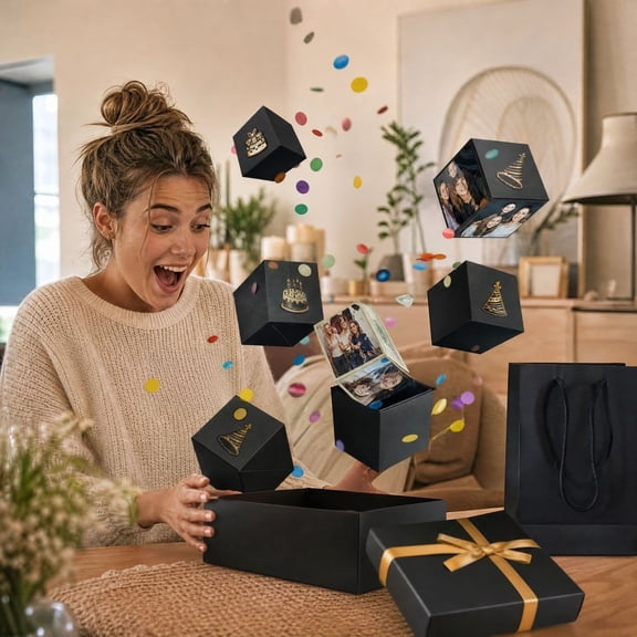 Yooshoverk Surprise Explosion Gift Box Photo Memory Box For Birthday Party Present For Family Friends Black 6.69*3.94*1.57In