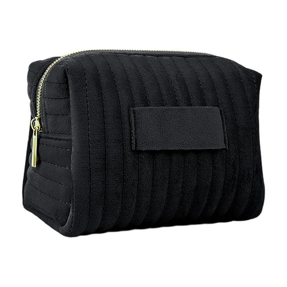 Yooshoverk Velvet Makeup Bag - Embroidered Striped Cosmetic Organizer Pouch - Travel Toiletry Case for Women - Soft Lining (7x5 inch)