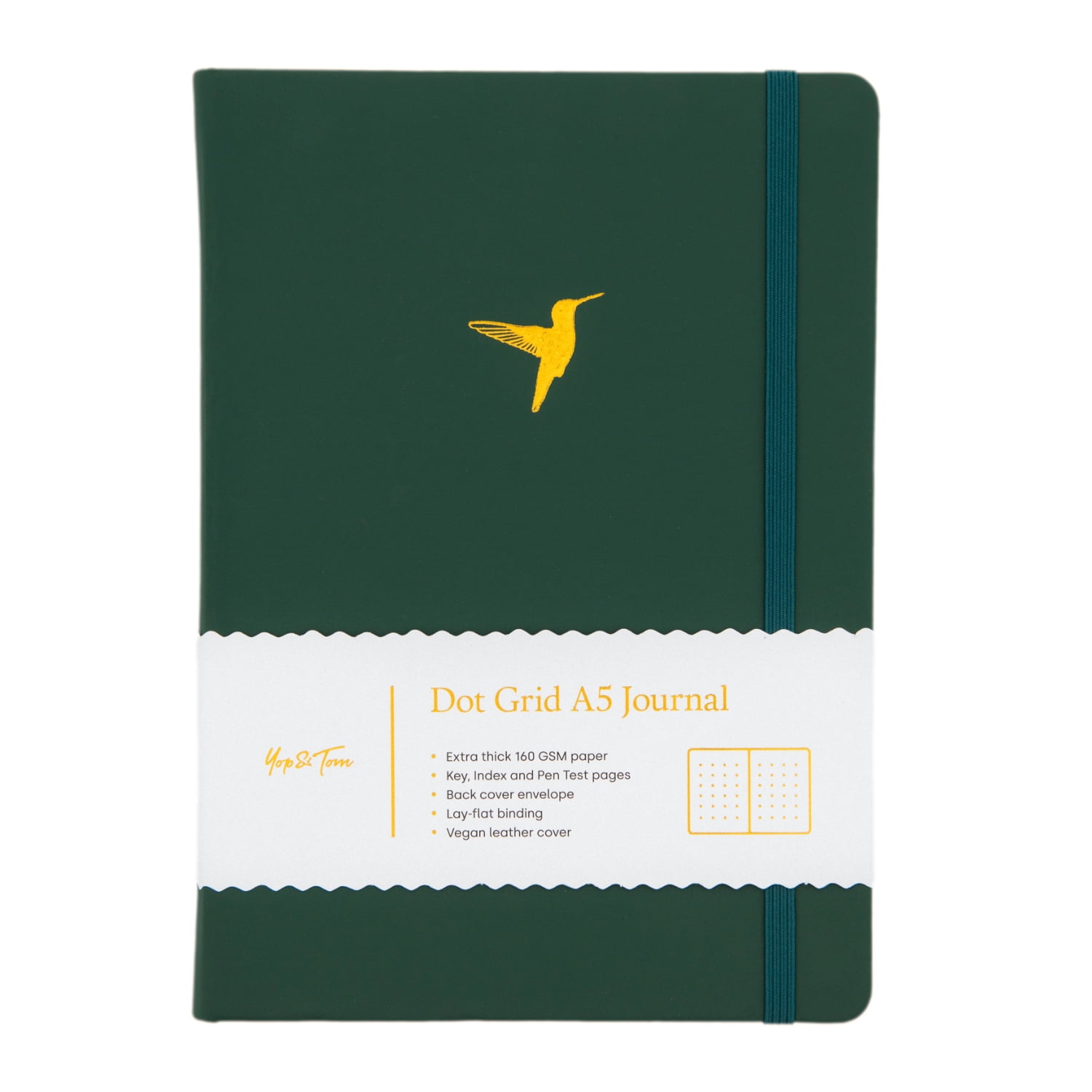 Yop & Tom - Bullet Dot Grid Journal Extra Thick Paper 160 GSM - Hardback A5 - Forest Green Humingbird