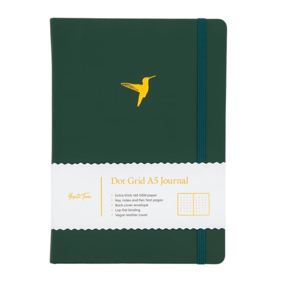 Yop & Tom - Bullet Dot Grid Journal Extra Thick Paper 160 GSM - Hardback A5 - Forest Green Humingbird
