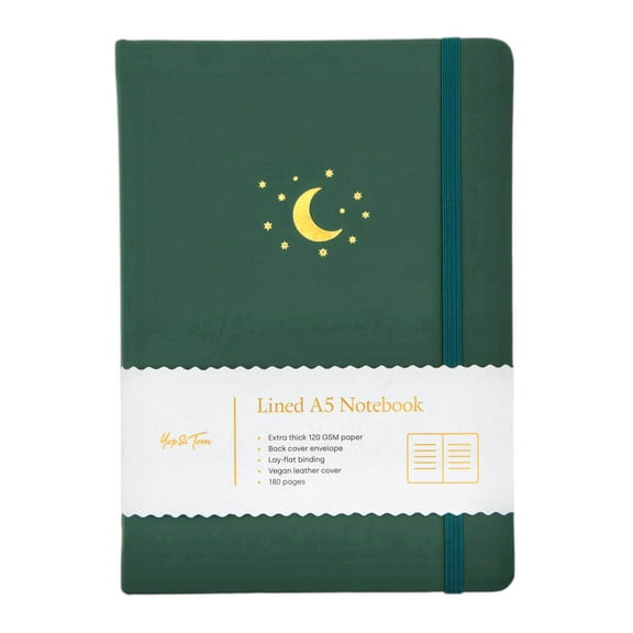 Yop & Tom - Hardback Lined Notebook Vegan Leather Hardcover A5 180 pages - Forest Green Moon and Stars