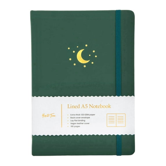 Yop & Tom - Hardback Lined Notebook Vegan Leather Hardcover A5 180 pages - Forest Green Moon and Stars