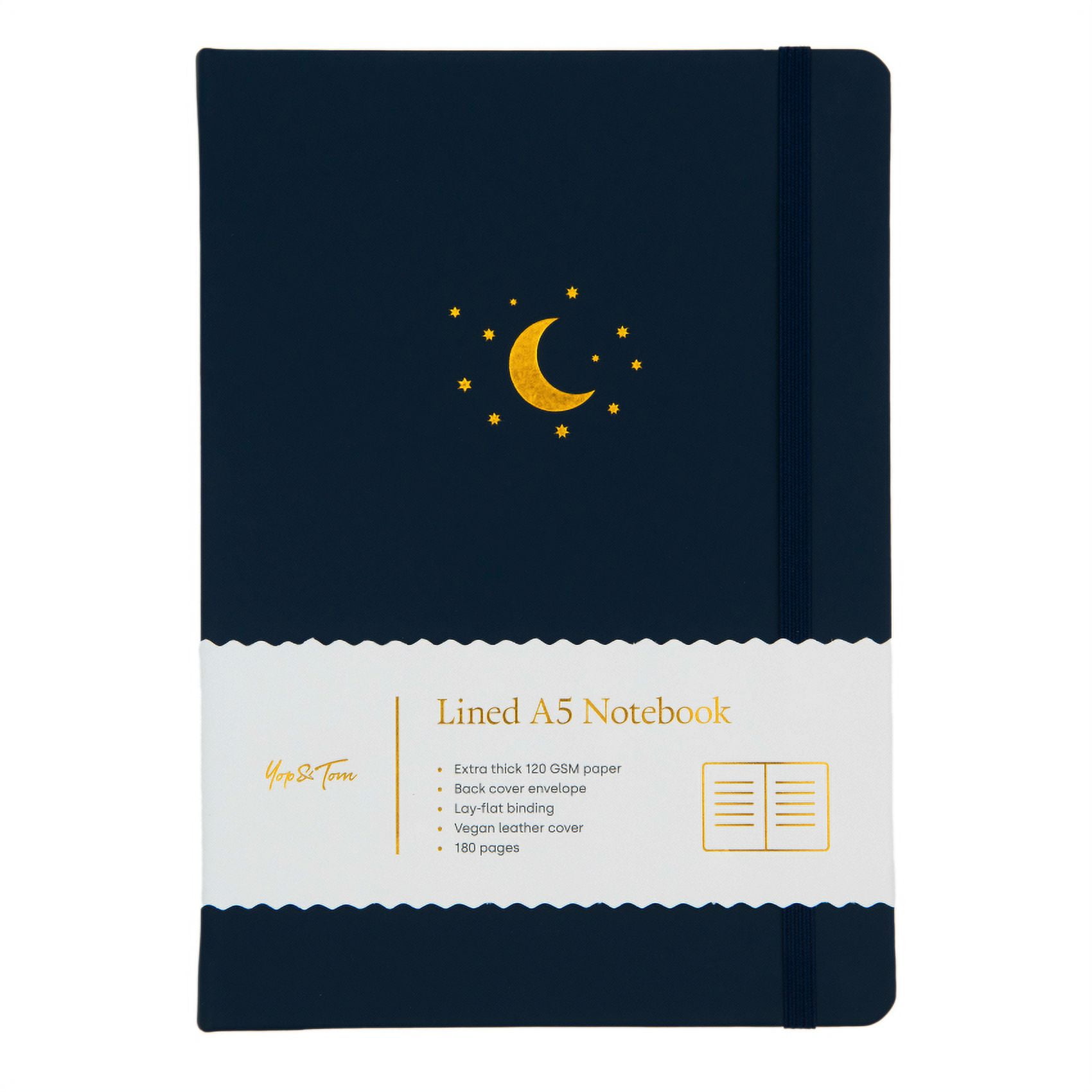 Yop & Tom - Hardback Lined Notebook Vegan Leather Hardcover A5 180 pages - Midnight Blue Moon and Stars