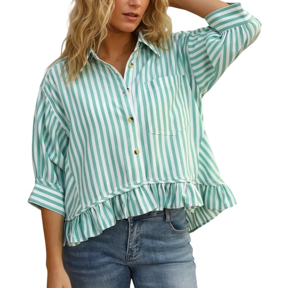 Yopmin 3/4 Sleeve Blouses for Women Striped Cropped Button up Shirts Ruffled Summer Loose Tops for Vacation Party