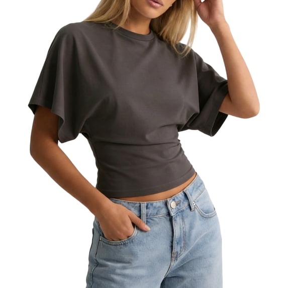 Yopmin Batwing Short Sleeve Tops for Women Crewneck Tighten Waist Crop Top Casual Loose Summer Tee for Daily Wear