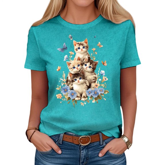 Yopmin Cat T Shirts for Women Crew Neck Cute Short Sleeve Tee Shirts Casual Holiday Tops for Dating Daily Wear