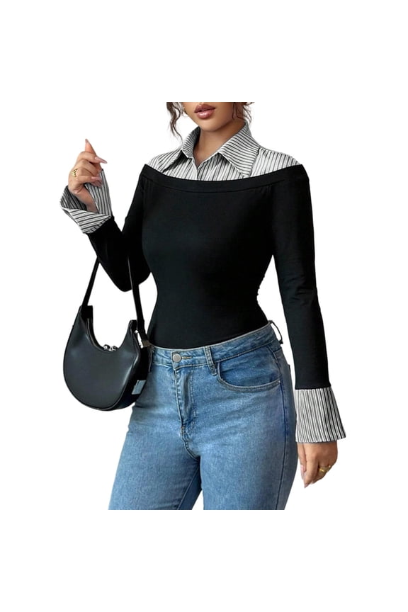Collared Shirt Women Striped Flare Sleeve Work Tee Tops 2 in 1 Slim Fit Shirts for Date