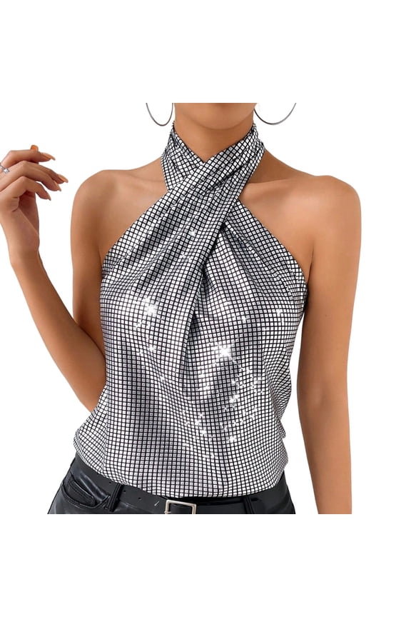 Criss Cross Tank Tops for Women Criss Cross Sequin Shiny Sleeveless Shirts Sexy Going Out Vests for Party Club