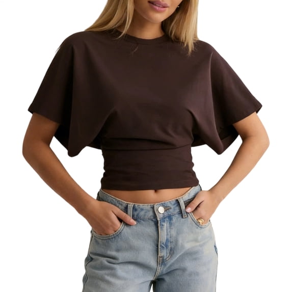 Yopmin Dolman Sleeve T Shirts for Women Crewneck Tighten Waist Crop Top Casual Loose Summer Tee for Daily Wear