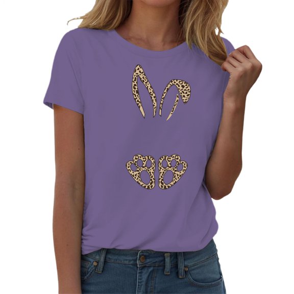 Yopmin Easter T Shirts for Women Leopard Rabbit Short Sleeve Crewneck Graphic Tees Casual Summer Tops for Travel