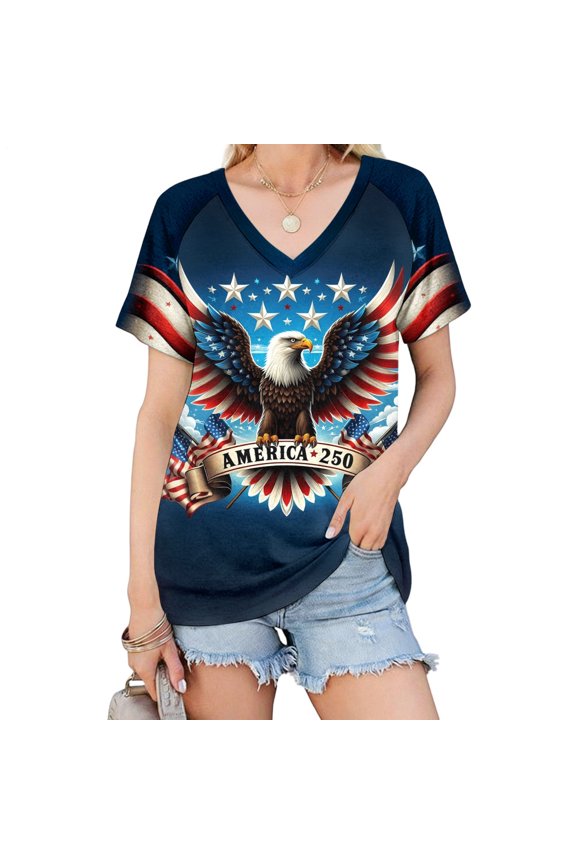 Flag T Shirts for Women V Neck Eagle Casual Raglan Short Sleeve Patriotic Graphic Tees Basic Tops for Streetwear