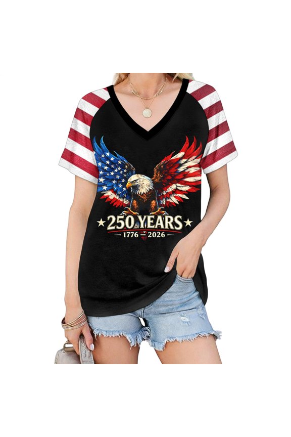 Flag T Shirts for Women V Neck Eagle Raglan Short Sleeve Patriotic Graphic Tees Summer Clothes for Streetwear