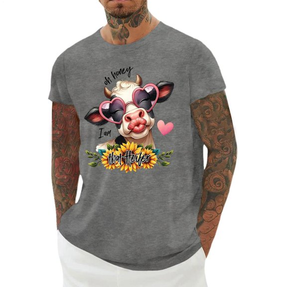 Yopmin Funny Cow T Shirts for Men Sunflower Printed Short Sleeve Crewneck Tee Shirt Regular Fit Fashion Clothes for Streetwear