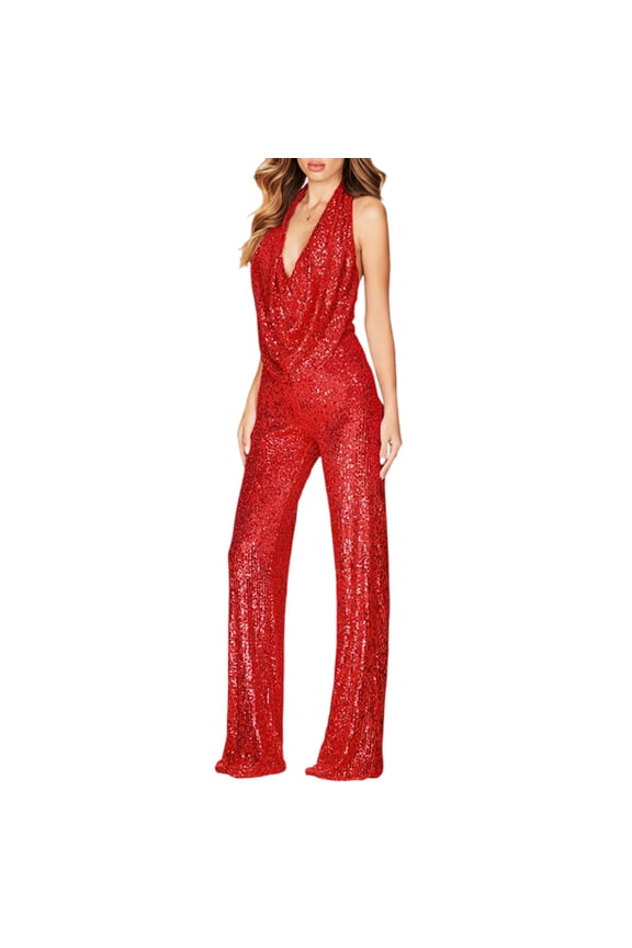 Halter Jumpsuit Deep V Neck Sequin Jumpsuits Halter Cowl Neck Backless Romper for Night Party