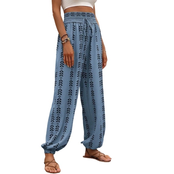 Yopmin Harem Pants for Women Smocked High Waist Casual Elastic Waist Palazzo Pants Wide Leg Trousers for Beach
