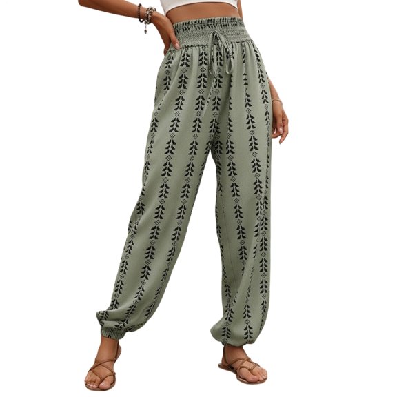 Yopmin Harem Pants for Women Smocked High Waist Trendy Drawstring Elastic Waist Wide Leg Boho Baggy Trousers for Beach