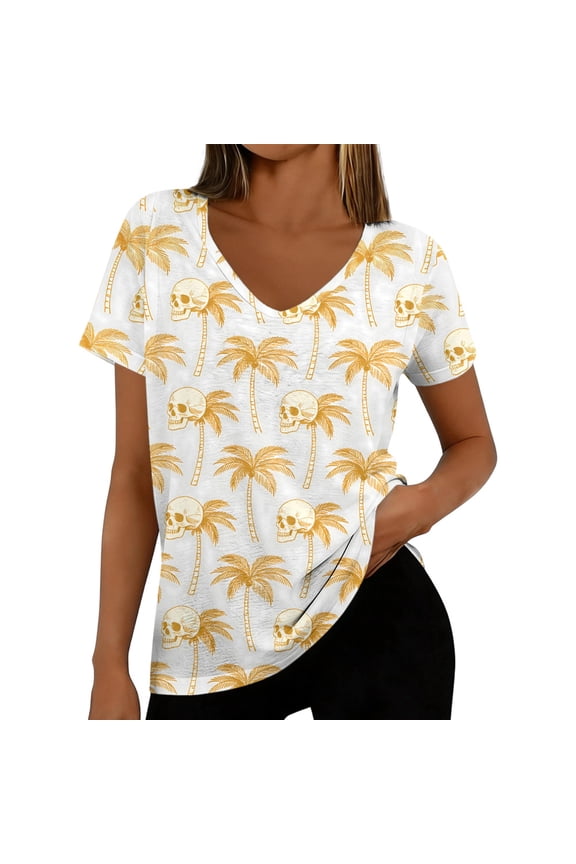 Hawaii Tshirt Women Skull Palm Tree Casual Short Sleeve V Neck Graphic Tees Summer Clothes for Beach