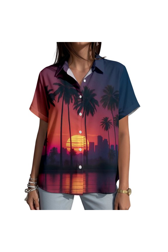 Hawaiian Shirts for Women Palm Tree Print Summer Tropical Hawaiian Blouse Button Down for Beach Vacation Travel Summer