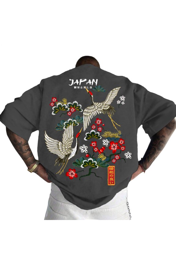 Japanese Art Shirts for Men Crane Crew Neck Fashion Cotton T Shirts Loose Fit Basic Tops Short Sleeve for Travel Dating