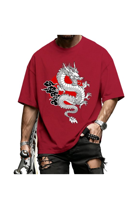 Japanese Shirts for Men Dragon Print Casual Short Sleeve Crewneck Cotton Tee Summer Tops for Party