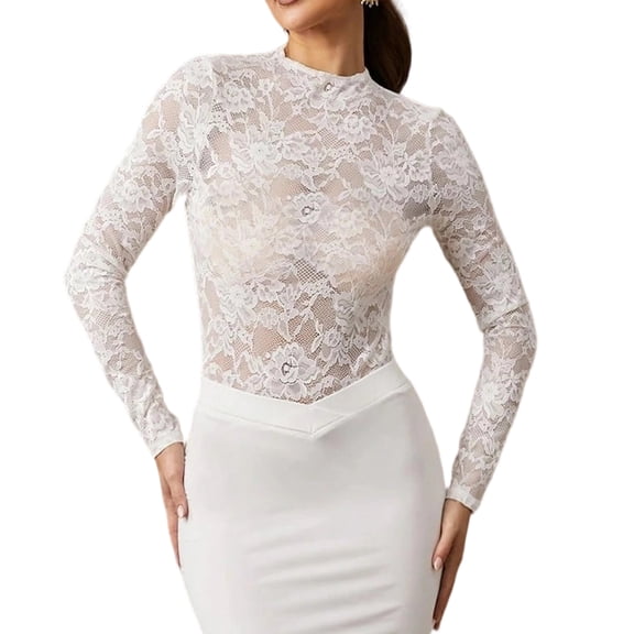 Yopmin Lace Long Sleeve Body Suits Women Long Sleeve Slim Fit Crew Neck Bodysuit Sexy Backless Tops for Going Out Night Club