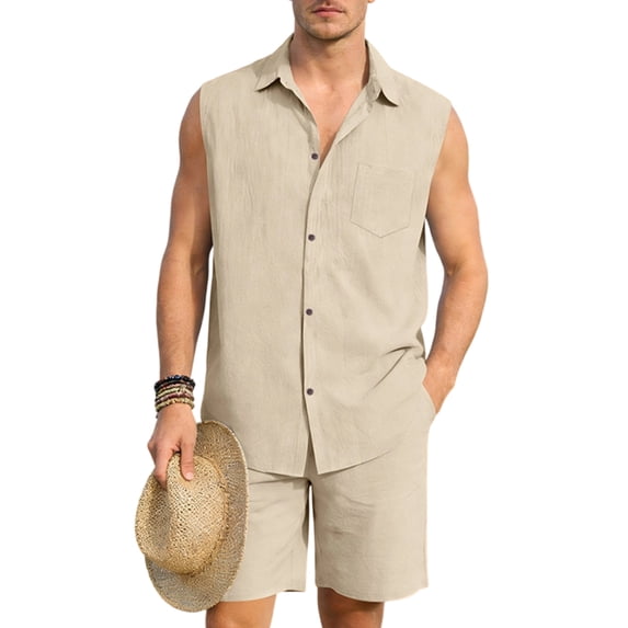 Yopmin Mens Linen Short Set 2 Piece Button Up Sleeveless Shirt and Shorts Set Loose Fit Linen Outfits for Vacation Daily Wear