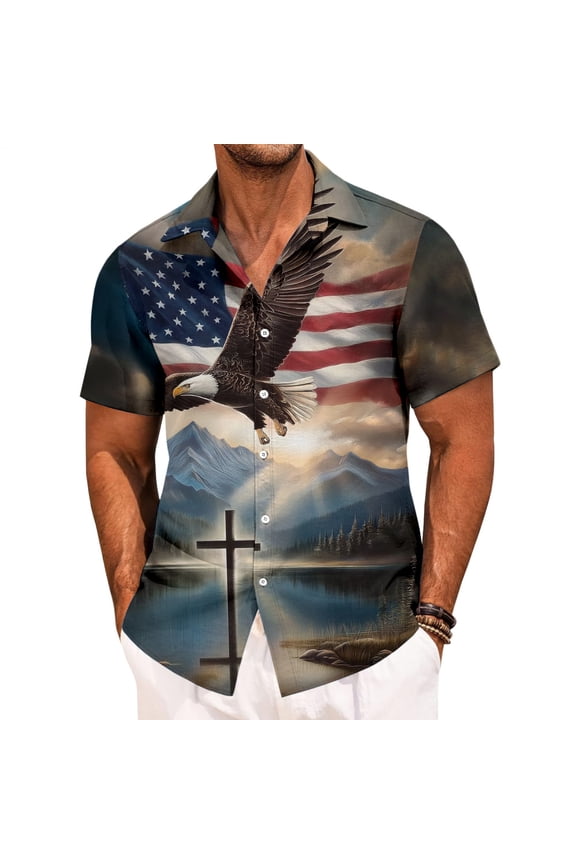Mens Patriotic Button Down Shirts Flag Eagle Casual Lapel Short Sleeve Button Up Shirts for Travel