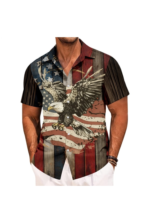 Mens Patriotic Hawaiian Shirt Flag Eagle Lapel Short Sleeve Casual Fashion Hawaiian Shirts for Travel