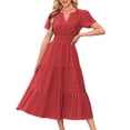 thumbnail image 1 of Yopmin Midi Dress with Pockets V Neck Casual Boho Short Sleeve Smocked Waist A Line Swing Midi Dress for Vacation, 1 of 7