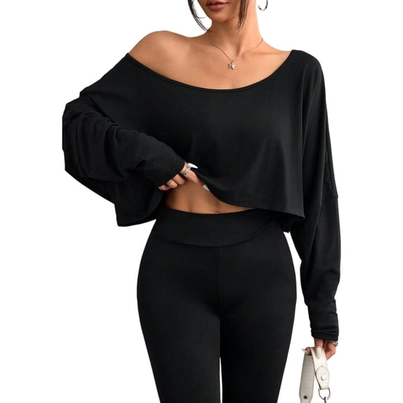 Yopmin Off Shoulder Long Sleeve Crop Tops for Women Boat Neck Oversized Summer T Shirt Trendy Cropped Tops for Gym