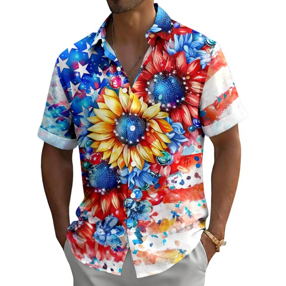 Yopmin Patriotic Button Down Shirts for Men Flag Sunflower Short Sleeve Summer Shirts Casual Tops for Parties